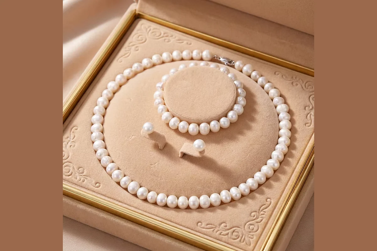 A coordinated white pearl necklace, bracelet and studs in a tan box.